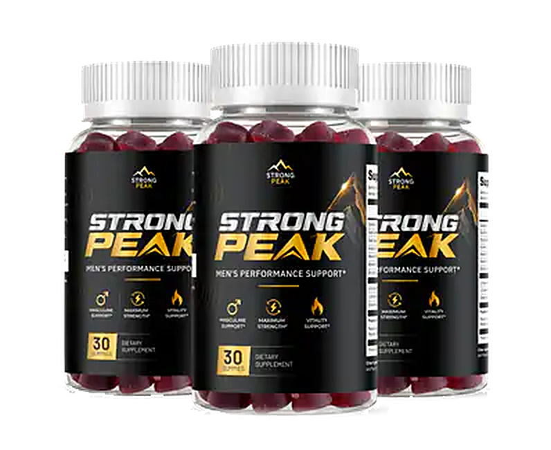 Three bottles of Strong Peak men's daily gummy supplement