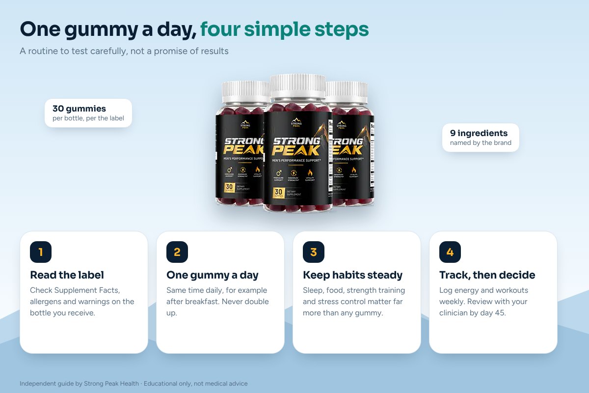 Four-step infographic showing how a daily Strong Peak gummy routine fits your day